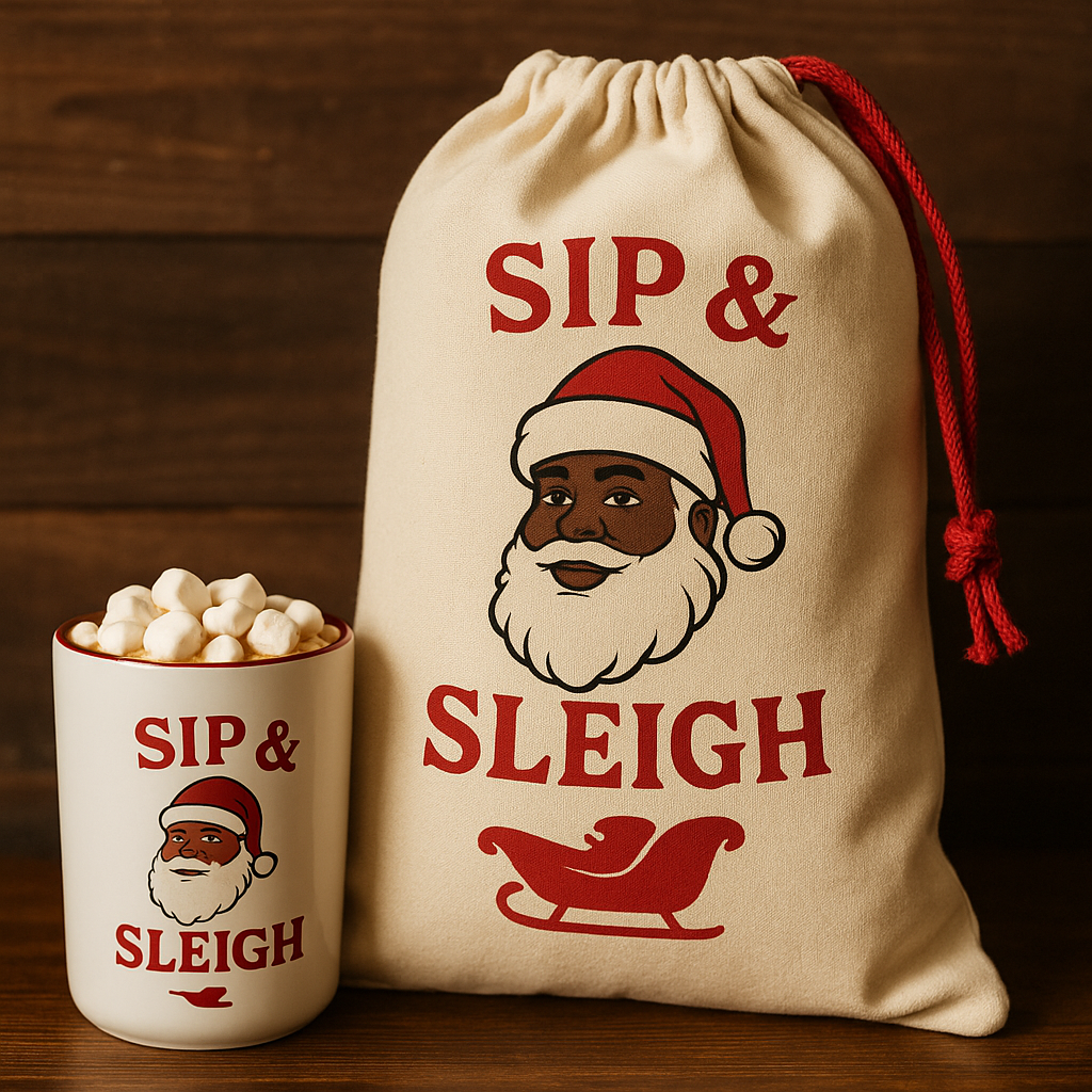 🎅✨ Sleigh & Sip Set – Custom Santa Bag & Hot Chocolate Mug