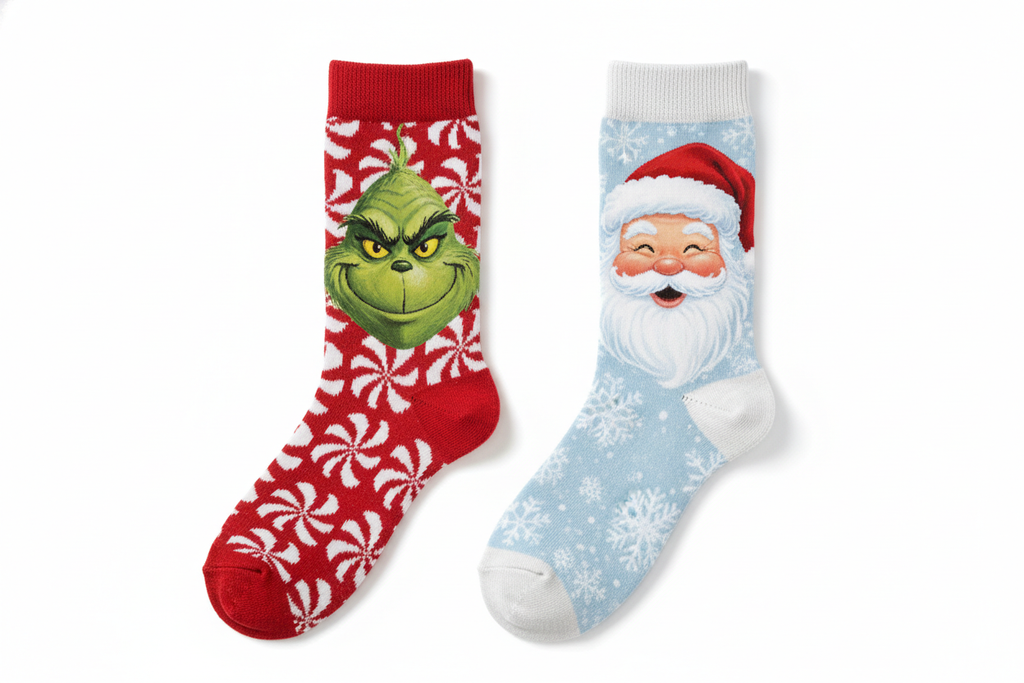 Custom Peppermint Grinch and Snowy Santa Socks